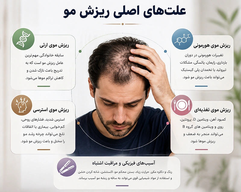 اینفوگرافیک علل ریزش مو شامل ریزش ارثی، هورمونی، استرسی و کمبودهای تغذیهای