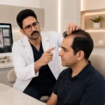 پزشک کلینیک آیماه در حال بررسی ریزش مو و کم‌پشتی موی بیمار مرد برای انتخاب روش درمان ریزش مو
