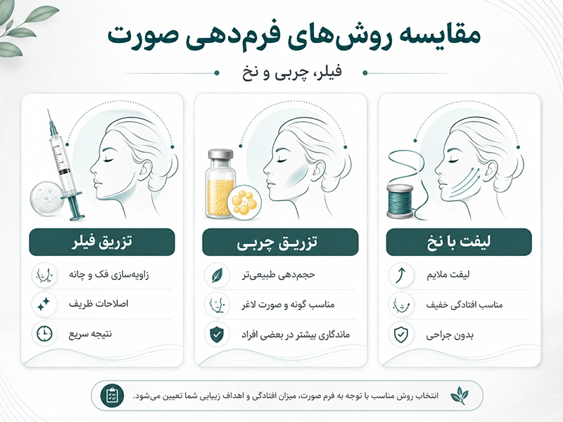 اینفوگرافی مقایسه سه روش اصلی فرمدهی صورت شامل تزریق فیلر، تزریق چربی و لیفت با نخ