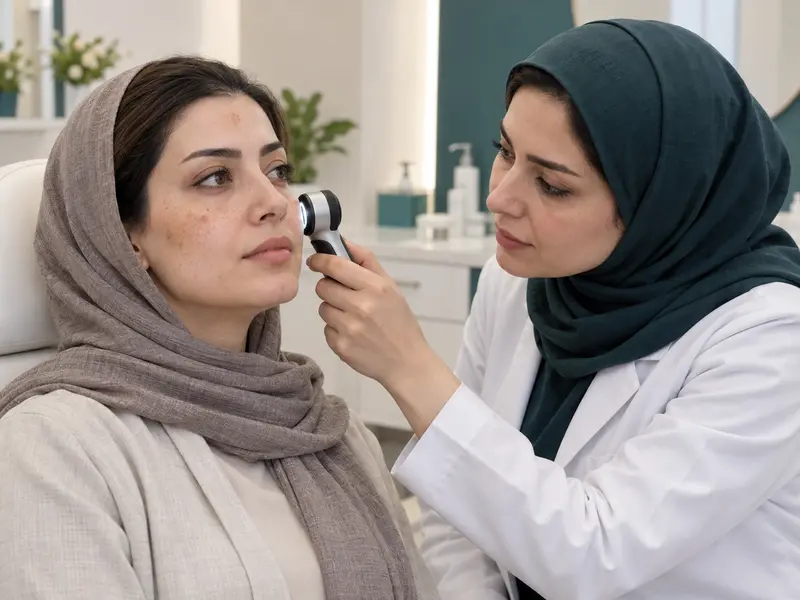 معاینه لک و ککومک صورت توسط پزشک در کلینیک آیماه